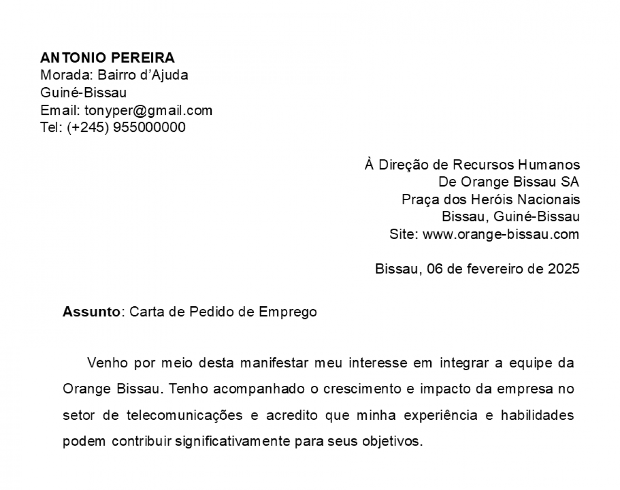 CARTA FORMAL, Serviços de Negócios, Bissau