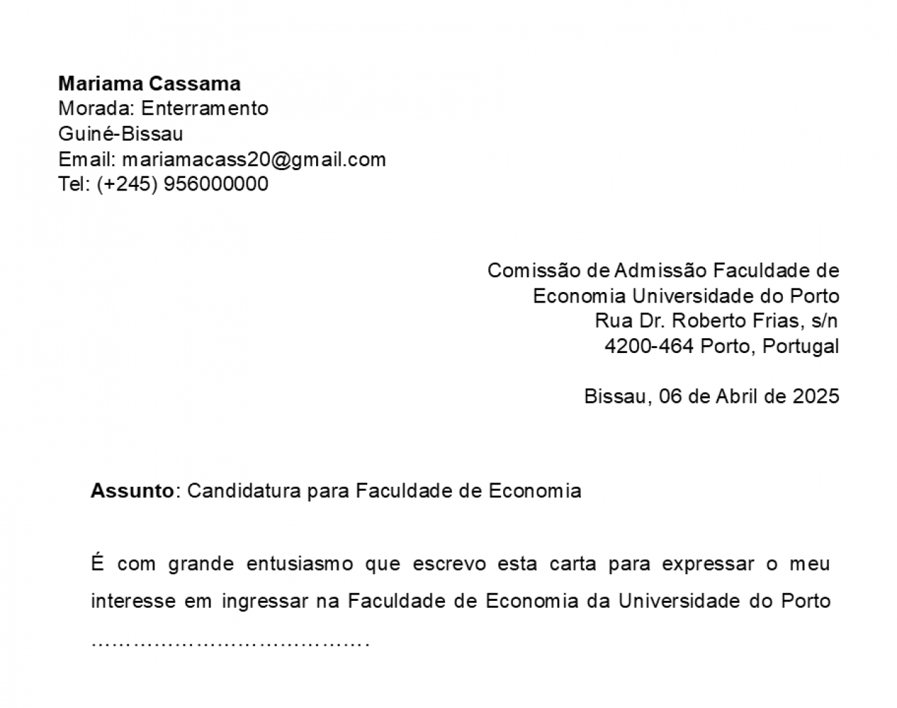 CARTA FORMAL, Serviços de Negócios, Bissau
