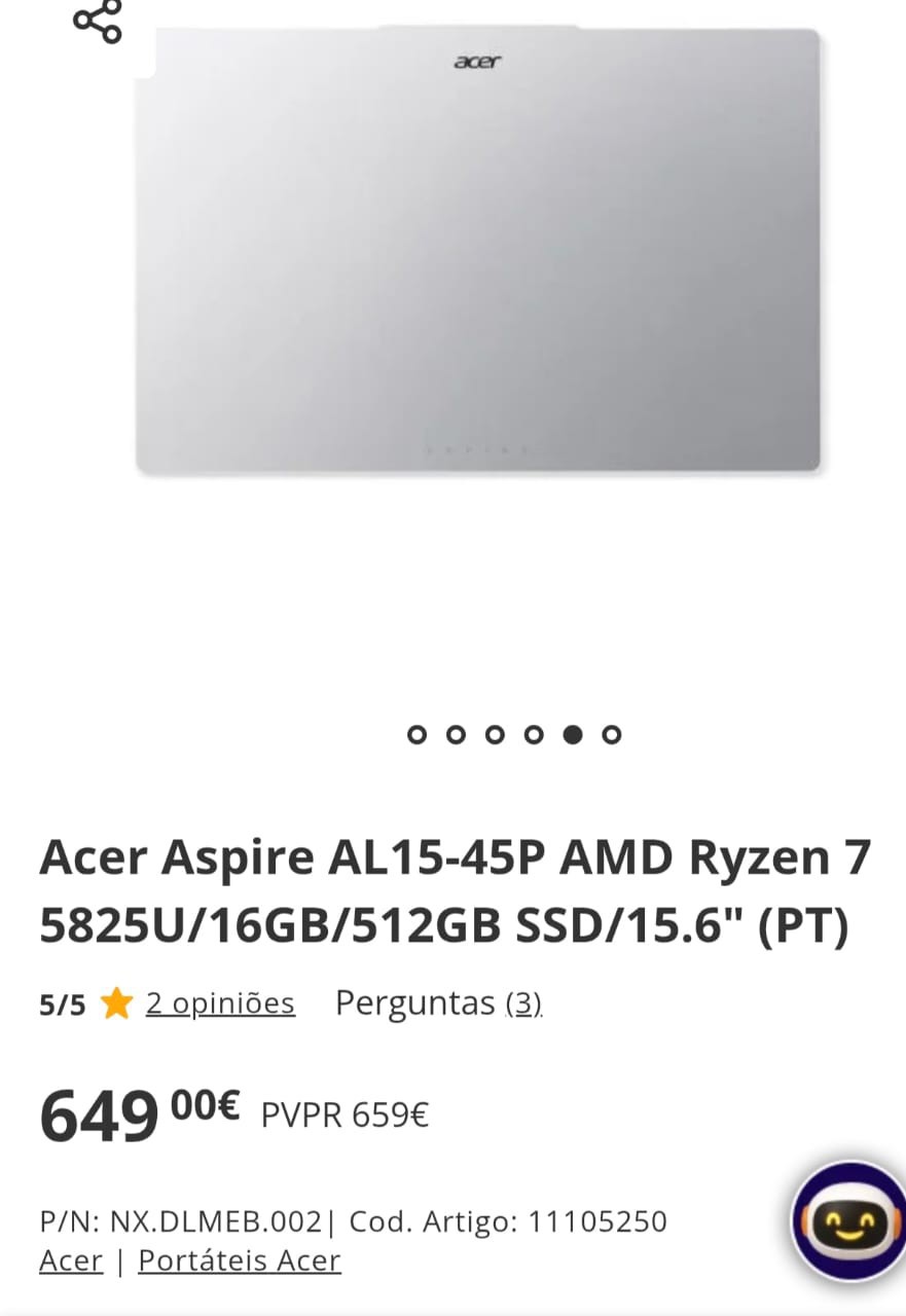 Acer Aspire AL15-45P AMD Ryzen 7 5825U/16GB/512GB SSD/1, Computadores - Laptops, Bissau